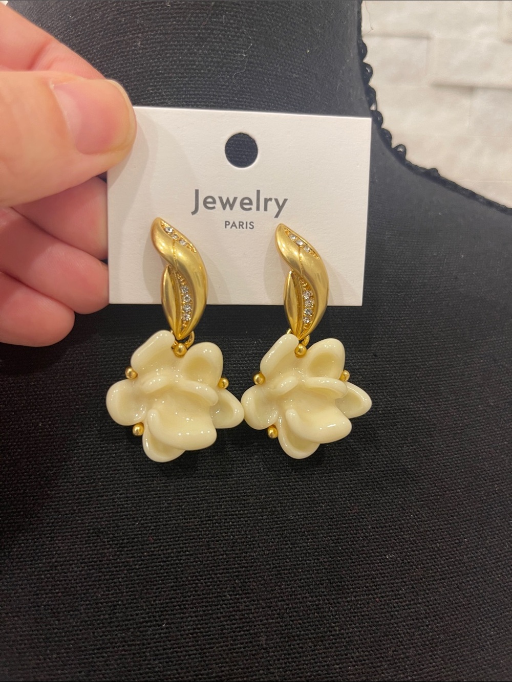 Vintage Cream Floral Drop Earrings with Gold Accents